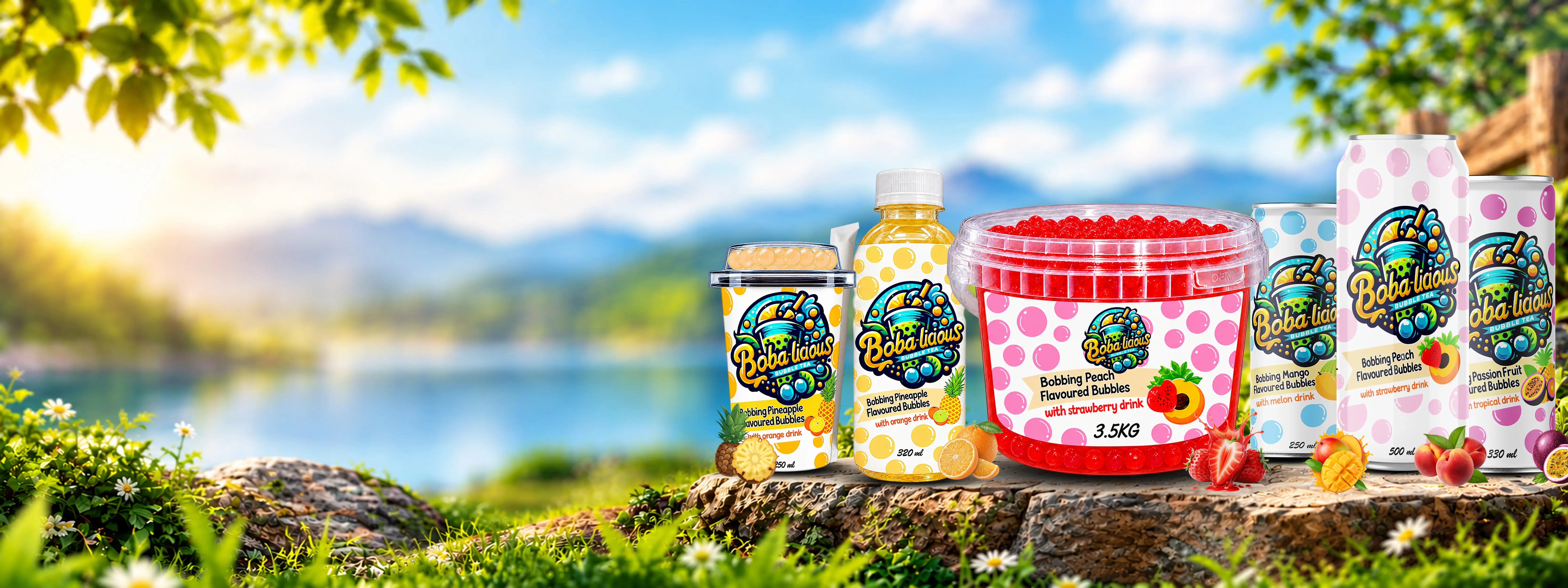 BUBBLE TEA Boba-licious product range with popping boba drinks in bottles, cans, cup and 3.5 kg bucket, displayed with tropical fruits and boba pearls.